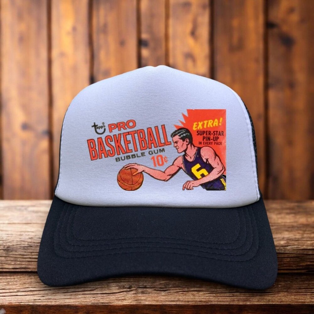 Topps Pro Basketball Bubble Gum Unisex Trucker Hat Black Snapback 60s Logo Cap